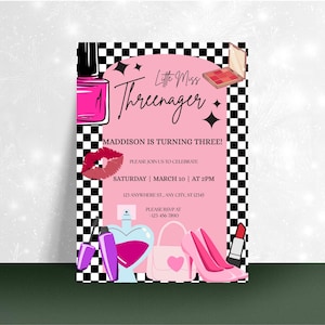 Threenager Party Invitation – Girls Third Birthday Neon Makeup Theme – Girly Editable Canva Template