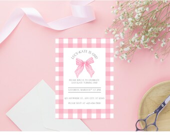 First Birthday Invitation for Girls – Pink Plaid Bow Party Invite – Editable Canva Template