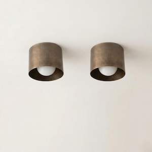 May include: Two bronze-colored, cylindrical ceiling lights with a white bulb visible at the bottom. The lights are mounted on a white ceiling. The fixtures have a simple, modern design.