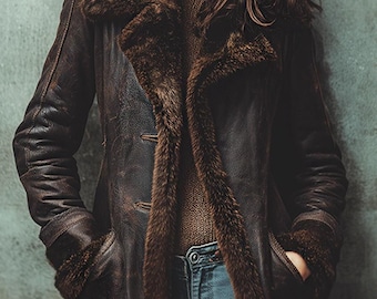 Women’s Shearling Leather Coat – Vintage Brown Sheepskin Jacket with Fur Lining