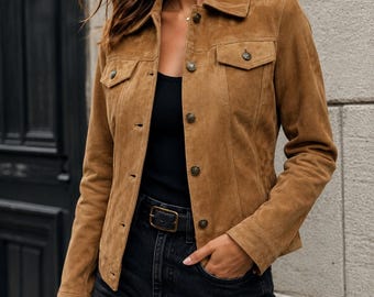 Women's Brown Suede Leather Trucker Jacket | Fitted Western Style Button Front Coat