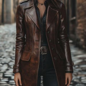 May include: A brown leather trench coat with a notched collar, button closure, and a belt with a silver buckle. The coat is worn over a black shirt and dark blue jeans. The sleeves have buttoned cuffs.