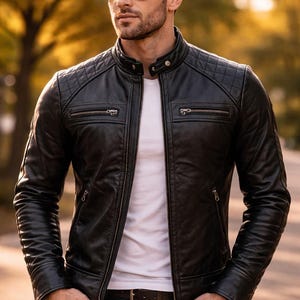 Zwart lamsleren Café Racer-jas heren | Gewatteerde motorstijl