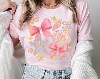 Floral Coquette Seashell Shirt Preppy Coastal Tee Coastal Tee Boho Summer Tshirt Summer Coquette Shirt Starfish Summer Vibes Shirt Beach Tee