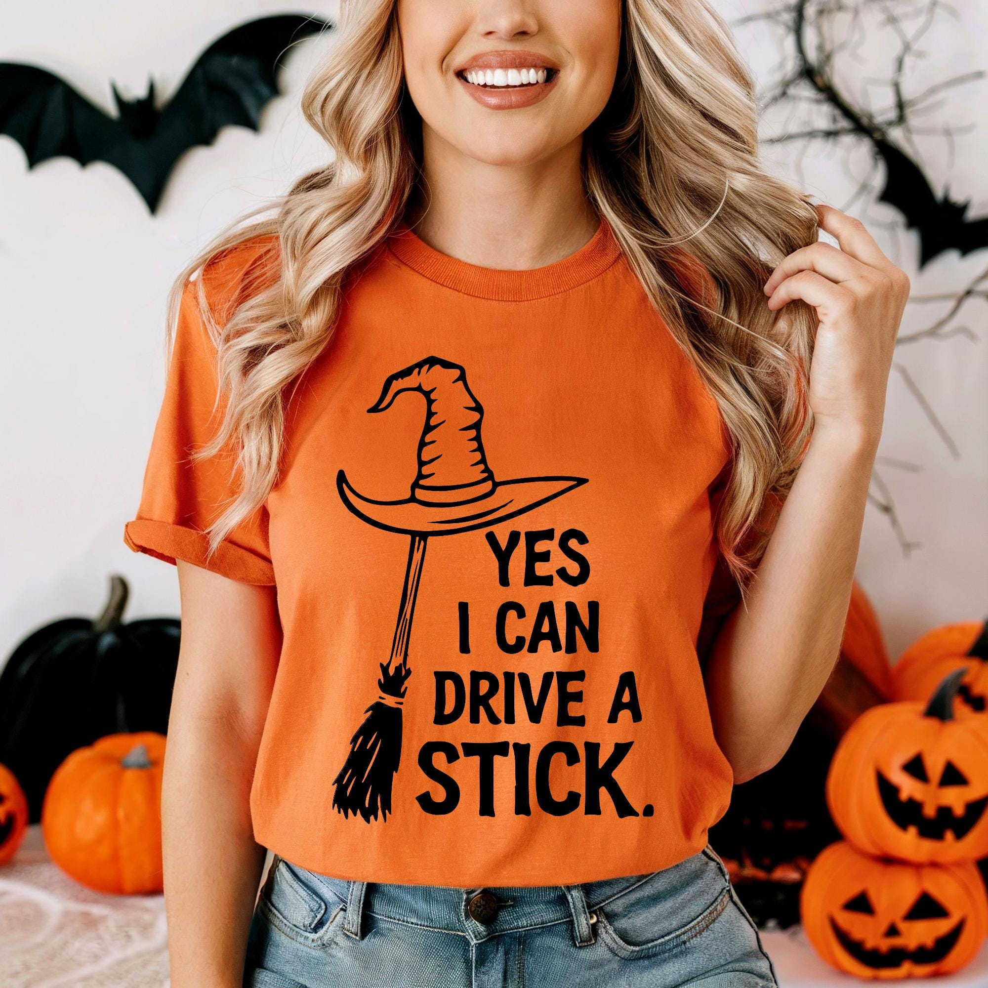 Yes I Can Drive A Stick Shirt Halloween Witch Tee for Women Spooky ...