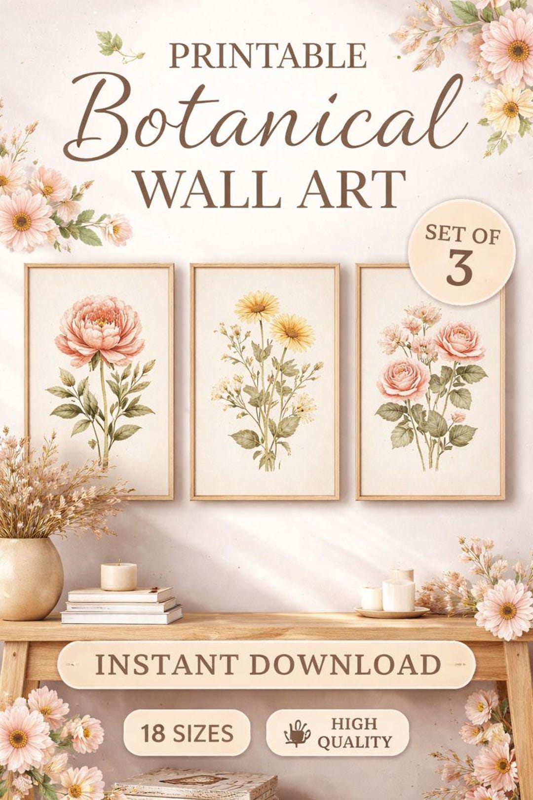 Printable Botanical Wall Art Set of 3 | Vintage Floral Prints | Instant ...