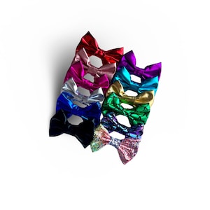 Girls Shiny Metallic Hair Bow classic bow on clip or headband mermaid black faux leather gold green purple teal pink silver blue red unicorn