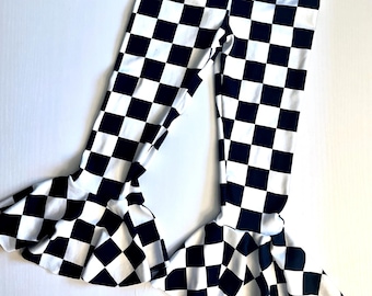 Retro Checkered Black and White Bell Bottoms Flare leggings baby toddler & kids sizes 6 9 12 18 24 months 2T 3T 4T 5T 6 7 Checkerboard