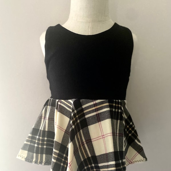 Girls Peplum Top Ruffle Shirt Sleeveless Black and Cream Plaid print Baby Toddler Kids Sizes available