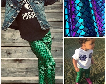 Girls Mermaid leggings Green or Purple metallic Birthday Pants 0 3 6 9 12 18 24 months 2T 3T 4T 5T 6 7 mermaid Halloween costume