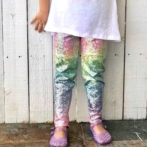 Rainbow Unicorn holographic leggings pink purple blue yellow green baby toddler and kids sizes 3 6 12 18 24 months 2T 3T 4T 5T 6 7