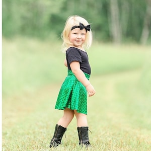 Mermaid Skirt Green & Black Skater Style girls twirl skirt Birthday Outfit 6 9 12 18 24 months 2T 3T 4T 5T 5 6 7 9 8 10 11 12 shiny metallic image 2