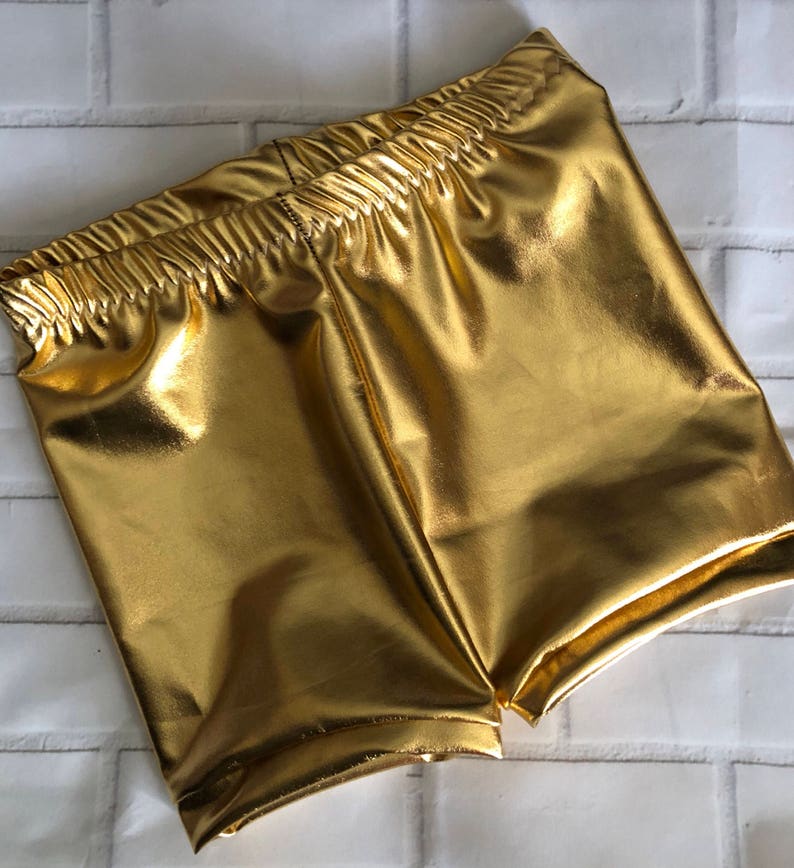 Girls Gold Spandex Shorts 6 12 18 24 months 2T 3T 4T 5T 5 6 7 8 9 10 12 14 Gymnastics Shorties stretchy gold shiny baby toddler costume image 1