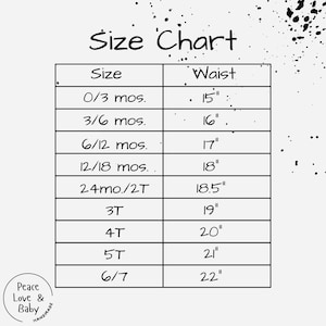Puede incluir: Una tabla de tallas para ropa de beb&eacute; y ni&ntilde;o peque&ntilde;o, con medidas en pulgadas. La tabla incluye tallas de 0/3 meses a 6/7, con medidas de cintura correspondientes que van desde 38,1 cm a 55,9 cm. Tambi&eacute;n est&aacute; presente el texto "Peace Love & Baby Handmade".