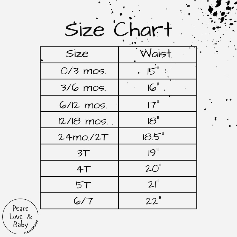 Puede incluir: Una tabla de tallas para ropa de beb&eacute; y ni&ntilde;o peque&ntilde;o, con medidas en pulgadas. La tabla incluye tallas de 0/3 meses a 6/7, con medidas de cintura correspondientes que van desde 38,1 cm a 55,9 cm. Tambi&eacute;n est&aacute; presente el texto "Peace Love & Baby Handmade".