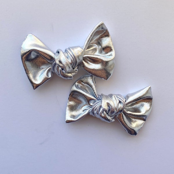 Shiny Silver Metallic Bow Set Pigtail Piggie Bows Set of Two Hair Bows Girls Toddler Baby