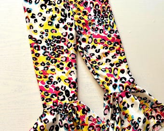 90&#39;s Neon Leopard Print Bell Bottoms flare leggings Pink Yellow Black White Baby Toddler animal print 3 6 9 12 18 24 months 2T 3T 4T 5T 6 7