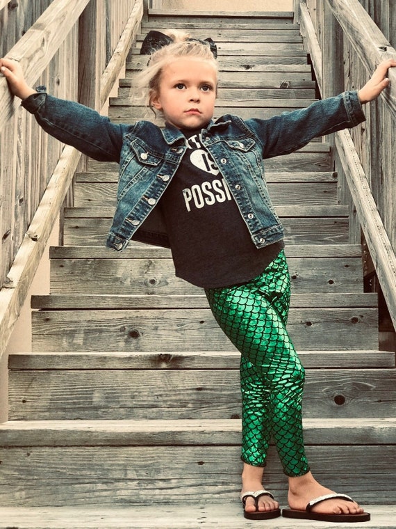 Girls Mermaid Leggings Green Metallic 