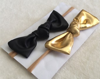 Gold Spandex And Black Faux leather Baby Toddler Girls headbands Set of Two one size fits all Nylon headbands Bows