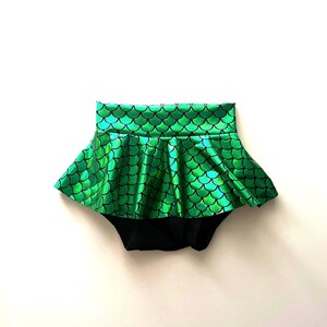 Mermaid Skirted Bummies Baby Toddler Shiny Metallic Green Birthday 0 3 6 9 12 18 24 months 2T 3T girls shorts skirt