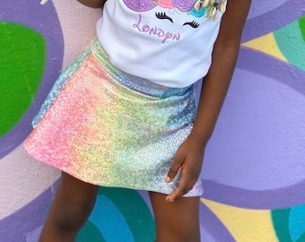 girls Unicorn skirt Rainbow holographic Tie Dye Birthday 6 12 18 24 months 2T 3T 4T 5T 5 6 7 8 10 12 costume