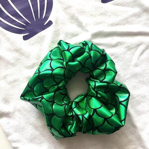 Shiny Green Mermaid print Scrunchie Hairband Adult  or Child size Shiny metallic green