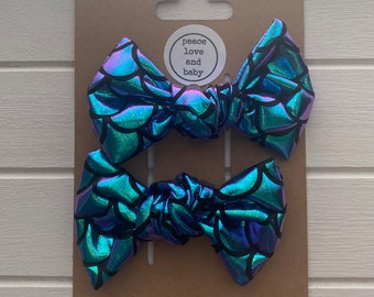 Girls Purple Iridescent Mermaid Bow on clips Pigtail Piggie Bow Set of Two Hair Bows