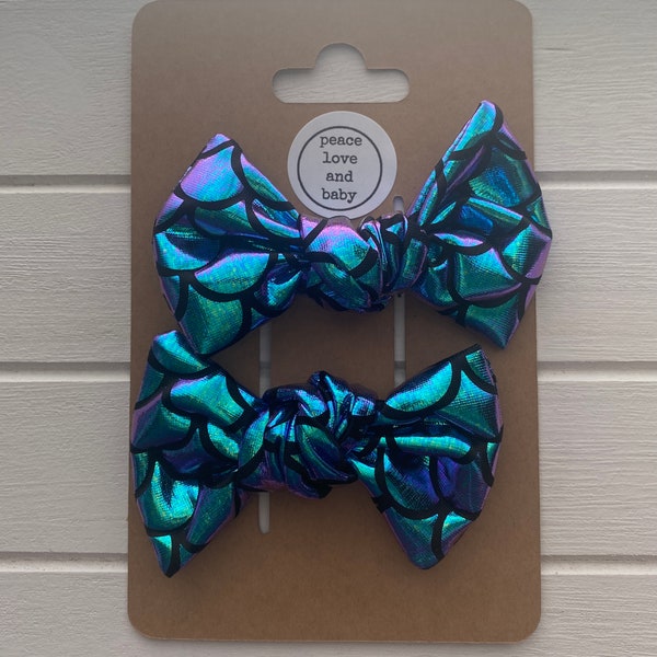 Girls Purple Iridescent Mermaid Bow on clips Pigtail Piggie Bow Set of Two Hair Bows