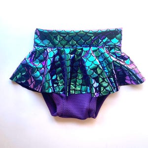 Mermaid Skirted Bummies Baby Toddler Purple Iridescent Turquoise Shiny Meallic Birthday Outfit 0 3 6 9 12 18 24 months 2T 3T girls skirt
