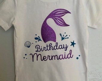 Girls Birthday Mermaid Shirt 6 12 18 24 2 2T 3T 4T 5 6 7 8 White Tee Purple Glitter Mermaid Birthday Party Baby Toddler sizes