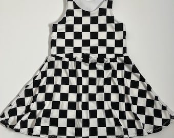 Zwart-witte skaterjurk met geblokte vlagprint meisjes peuter baby dambord 6 12 18 24 maanden 2T 3T 4T 5T 5 6 7 8 10
