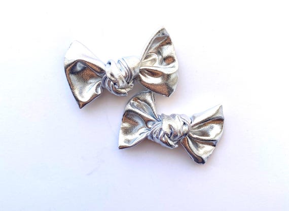 Shiny Silver Metallic Bow Set Pigtail Piggie Bows Set of Two Hair Bows Girls Toddler Baby Kids