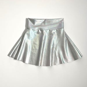 May include: A silver iridescent skater skirt with a wide waistband.