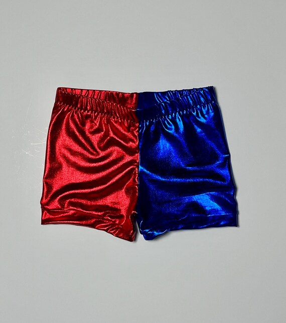 Red and Blue Shiny Hotpants (Harley Quinn style) Child size Red and Blue Shiny Hotpants (Harley Quinn style) Child size