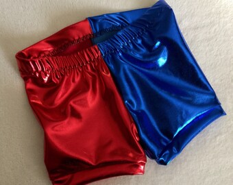 Harley Quinn Shorts costume 6 12 18 24 month 2T 3T 4T 5T 5 6 7 8 9 10 12 14 Suicide Squad Red and Blue Gymnastics gym girls baby toddler