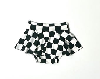 Bummies con falda a cuadros para bebés y niños pequeños de 0, 3, 6, 9, 12, 18 y 24 meses, 2T y 3T, para niñas, estilo retro, cuadros en blanco y negro, bandera a cuadros