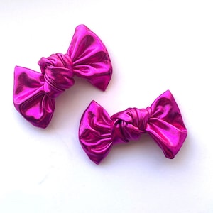 Shiny Pink Metallic Bow Set Pigtail Piggie Bows Set of Two Hair Bows Girls Toddler Baby Hot Pink Magenta