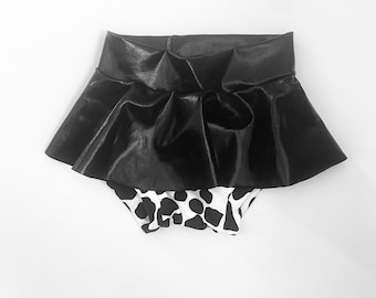 Cow Print Skirted Bummies Baby girl Toddler 0 3 6 9 12 18 24 months 2T girls Cow print bummies vegan leather shiny black