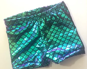 Girls Mermaid Shorts Purple Turquoise Blue Iridescent Birthday girls 3 6 12 18 24 months 2T 3T 4T 5T 5 6 7 8 9 10 11 12 14 color changing