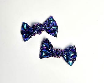 Girls Purple Iridescent Mermaid Bow on clips Pigtail Piggie Bow Set of Two Hair Bows
