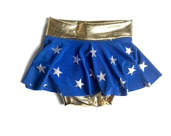 Disfraz de superhéroe para bebé niña con falda Bummies azul rey y estrellas blancas, 0, 3, 6, 12, 18 y 24 meses, 2T y 3T, Bummies dorado, para cumpleaños de bebés y niños pequeños.