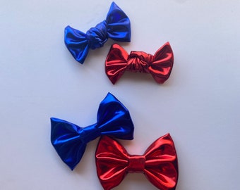 Red and Blue Bow Set of 2 Girls one size fits all classic or Piggie bow set on alligator clips pigtail bows Shiny Metallic