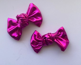Shiny Pink Metallic Bow Set Pigtail Piggie Bows Set of Two Hair Bows Girls Toddler Baby Hot Pink Magenta