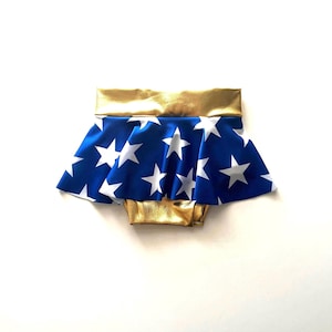 Super Hero Baby Girl Skirted Bummies royal blue and white stars 0 3 6 12 18 24 months 2T 3T Gold Bummies Baby and Toddler Birthday Costume