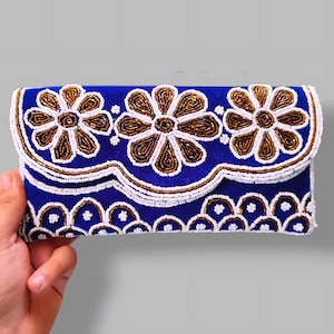 Blue Velvet Beaded Clutch Bag, Flower Embroidered Evening Purse, Handmade Indian Wedding Clutch, Formal Party Handbag, Gift for Her