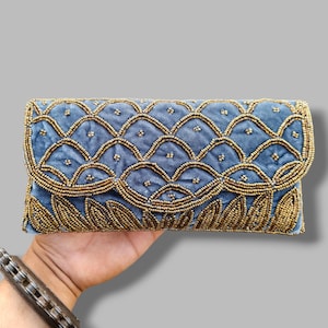 Denim Blue Velvet Beaded Clutch Bag, Embroidered Evening Purse, Handmade Indian Wedding Clutch, Formal Party Handbag, Gift for Her