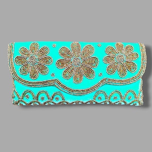 Türkis grüne Samt Perlen Clutch Geldbörse - Handgemachte Abendtasche, Boho Hochzeit Clutch, Geldbörse im Vintage-Stil