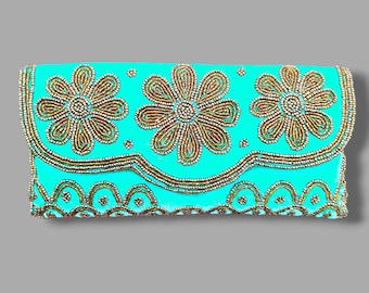 Turquoise Green velvet Beaded Clutch Purse – Handmade Floral Embroidered Evening Bag, Boho Wedding Clutch, Vintage Style Handbag, wallet