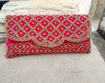 Pink Velvet Clutch Bag, Beaded Evening Purse, Indian Ethnic Wedding Clutch, Party Wear Handbag, Handmade Bridal Accessory, Gift for Her
