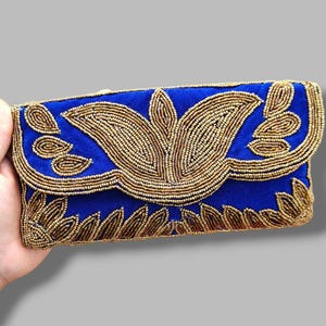 Royal Blue Velvet Clutch Bag, Flower beaded Evening Purse, Handmade Indian Wedding Clutch, Formal Party Handbag, Gift for Her